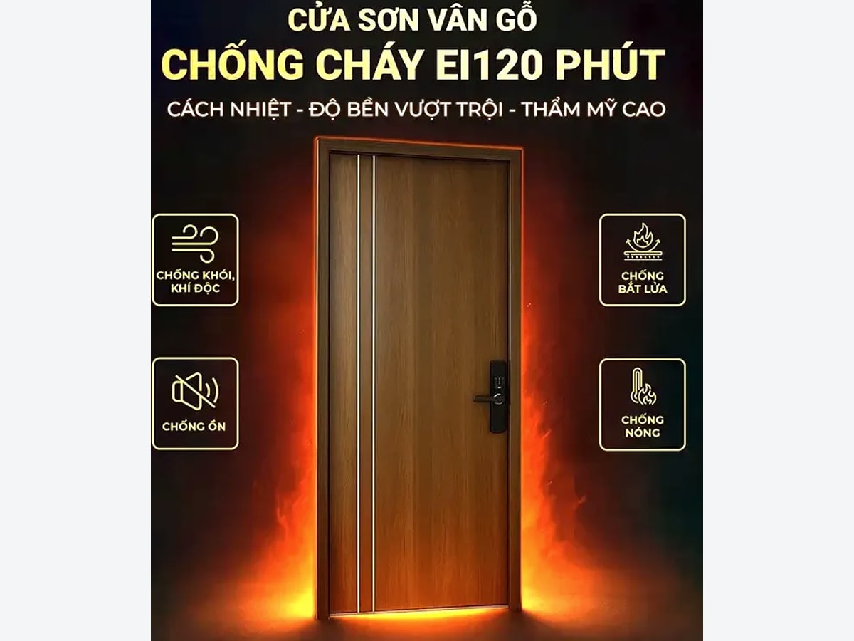 Cửa vân gỗ chống cháy EI120 một cánh bề mặt thép phủ vân gỗ
