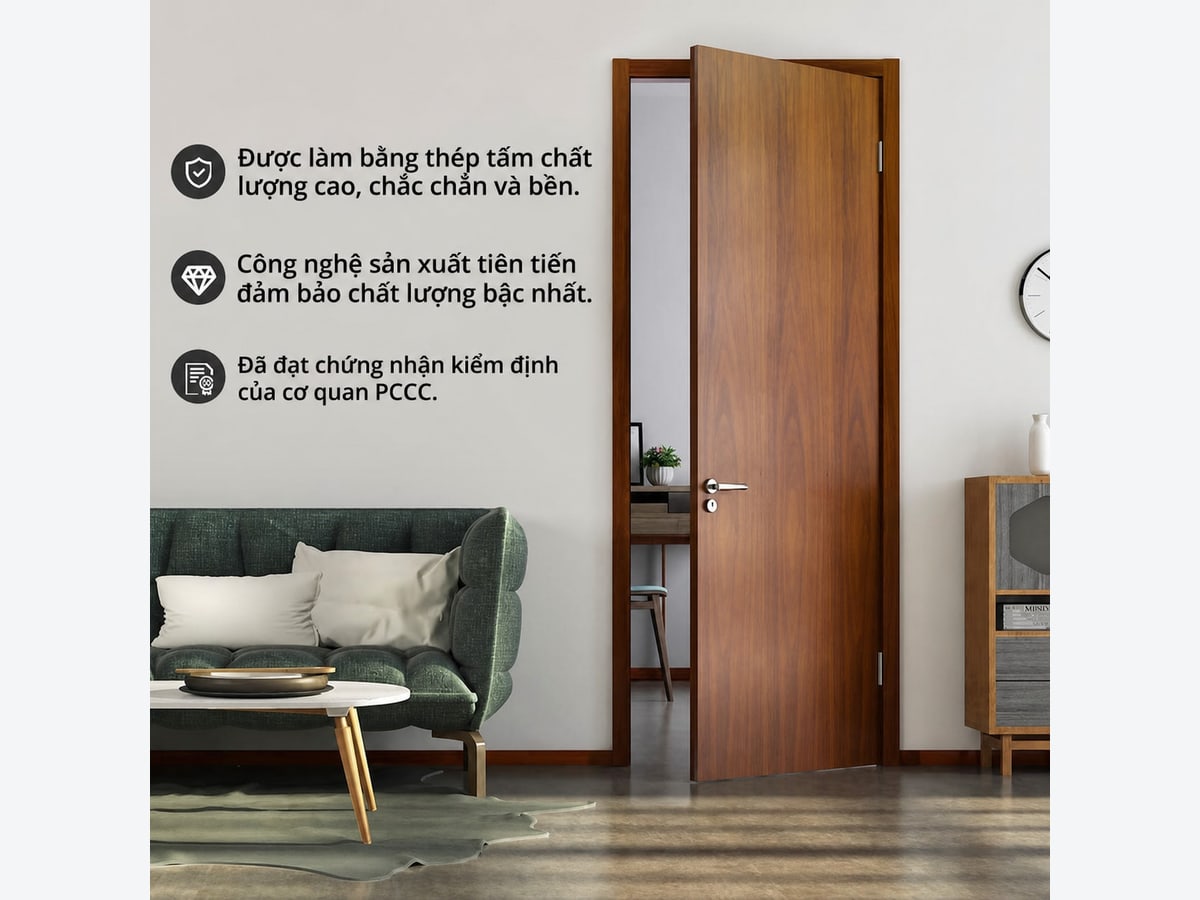 Cửa thép vân gỗ chống cháy EI70 một cánh cho căn hộ
